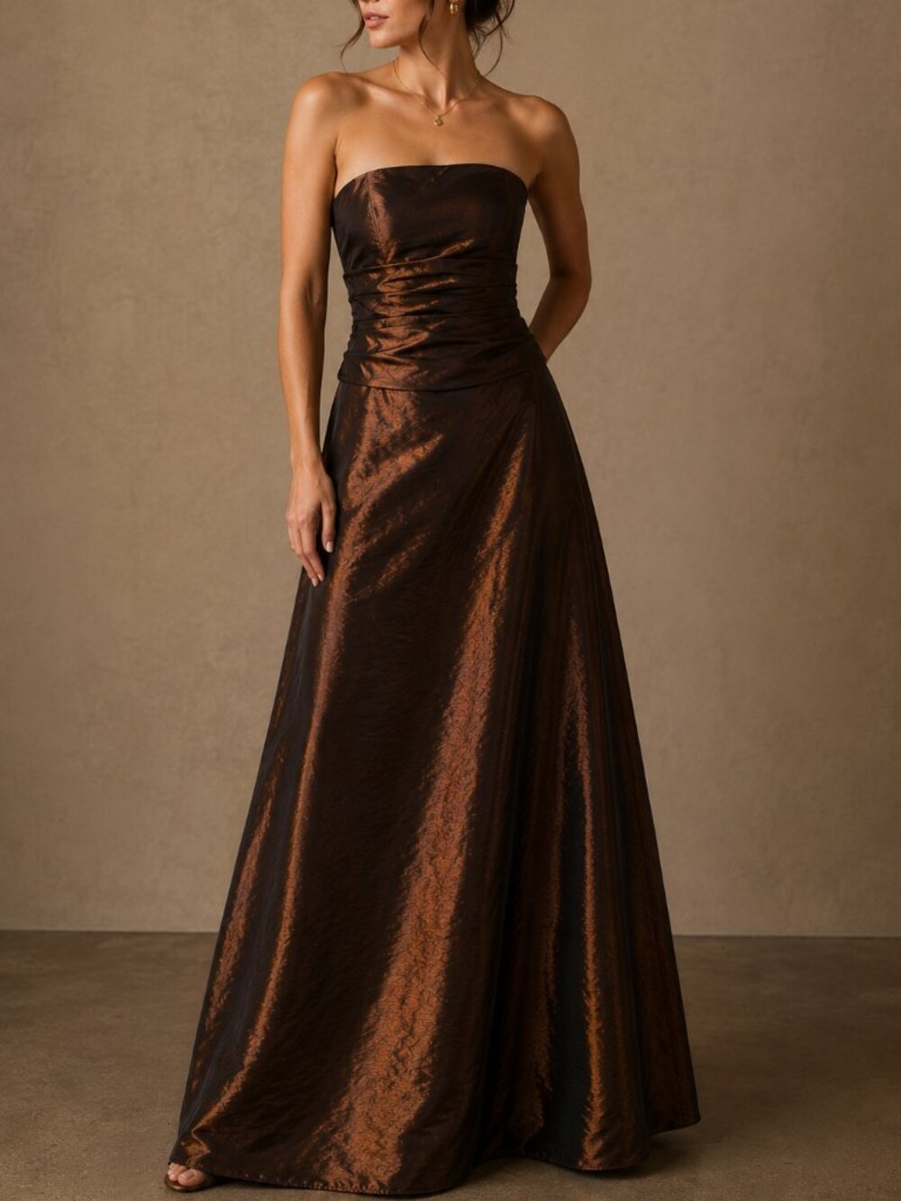 Bill Levkoff Iridescent Bronze Strapless 2-Piece Formal Gown Set - Size 8